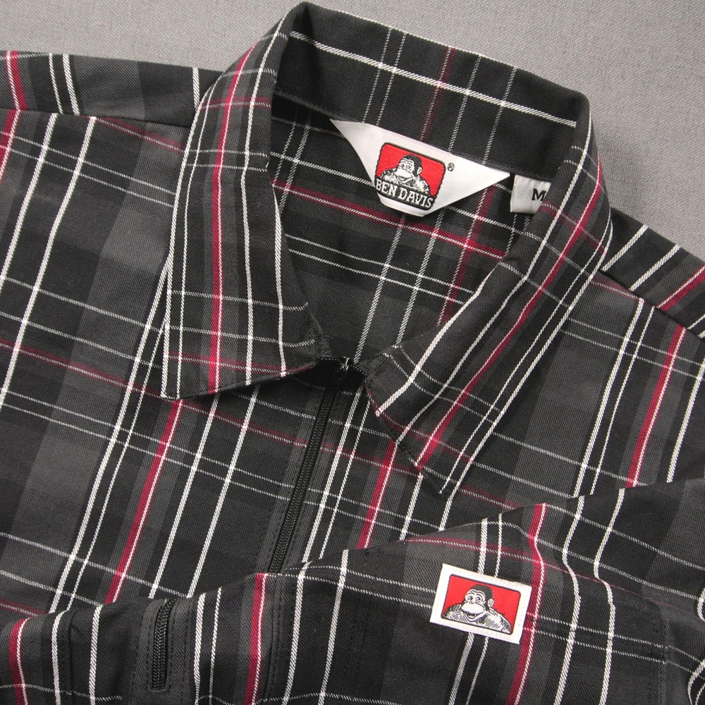 Ben Davis Plaid 1/2 Zip Short Sleeve Men Shirt M Pullover Black *Unhemmed* Retro